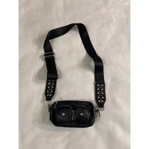 PRETTYLITTLETHING Black Faux Leather Studded Strap Crossbody Bag One Size